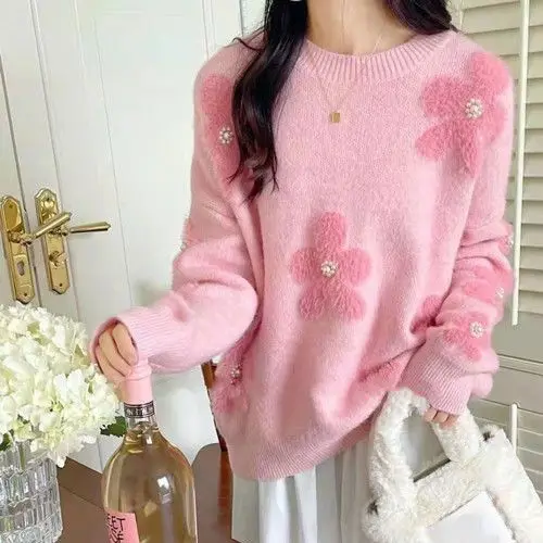 Women Winter Sweater and Pullovers Long Sleeve Oversized Chic Floral Knitted Jumpers Pink Knitwear Korean Streetwear Jumpers