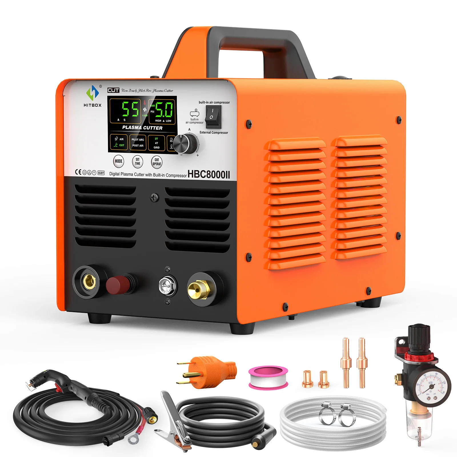 Plasma Cutter 50A HBC8000II Built-in Air Compressor Non-Touch Pilot Arc 220V IGBT Inverter 1/2 inch Cut Metal Cutting Machine