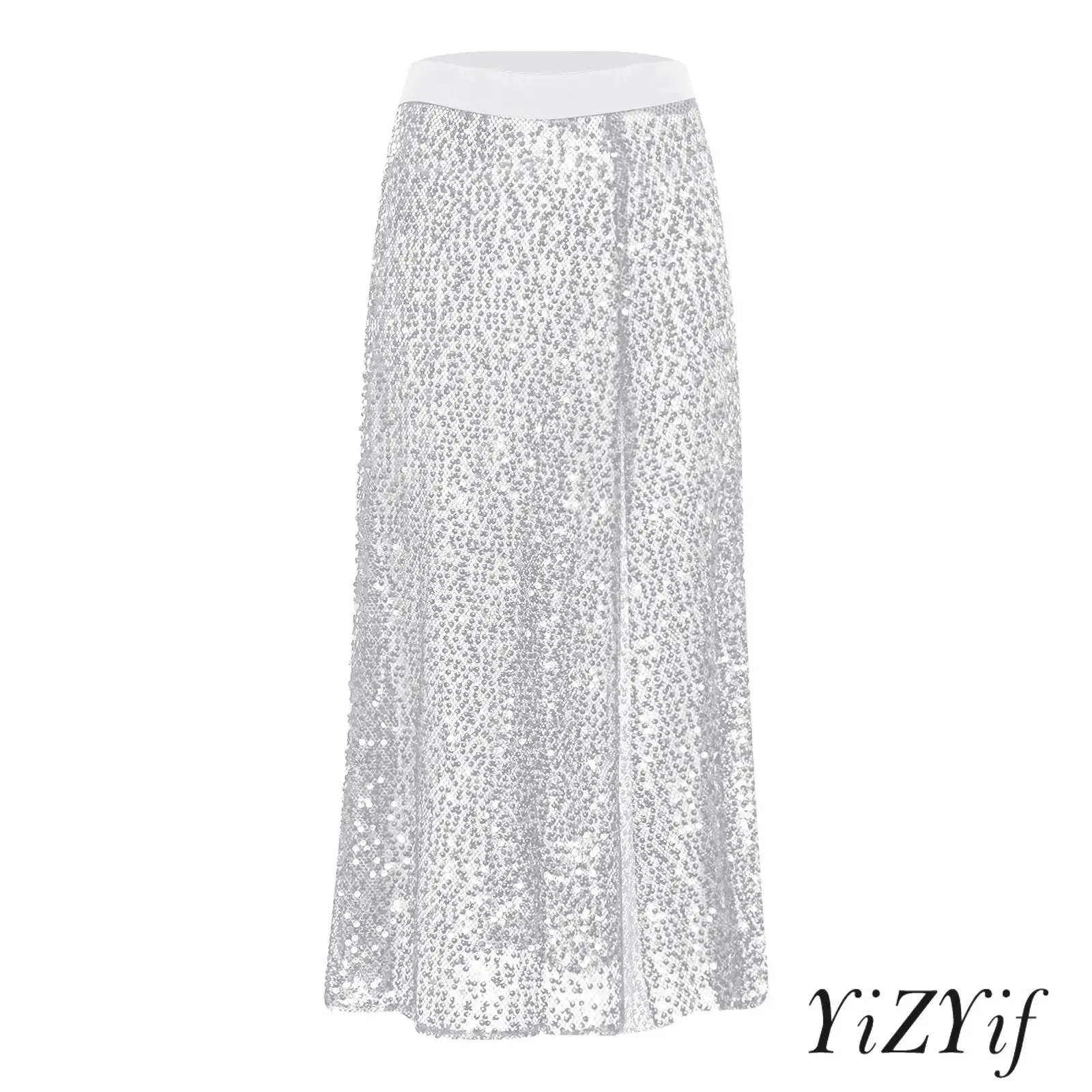 

Womens Glittery Sequin Skirt Sheer Mesh Design with Sequin Slit Hem Midi Length for Belly Dance Club Dance and Raves Dancewear