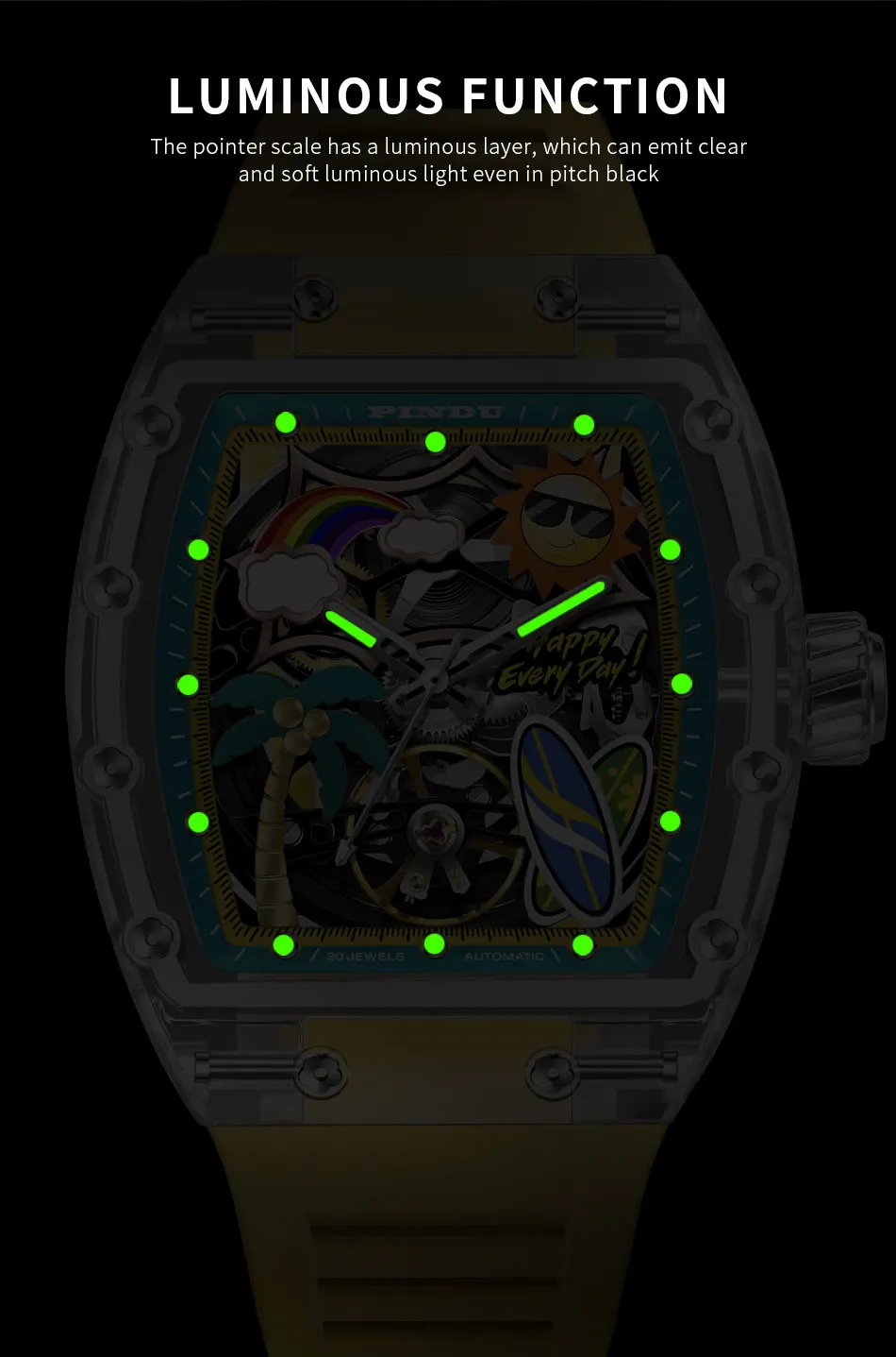 Neue PINDU Uhr mit einzigartigem Zifferblattdesign, mechanische Uhr für Herren, Sommer-Strandmode-Uhr, leuchtend, wasserdicht, mit Harz-Silikonarmband. – Detail 8