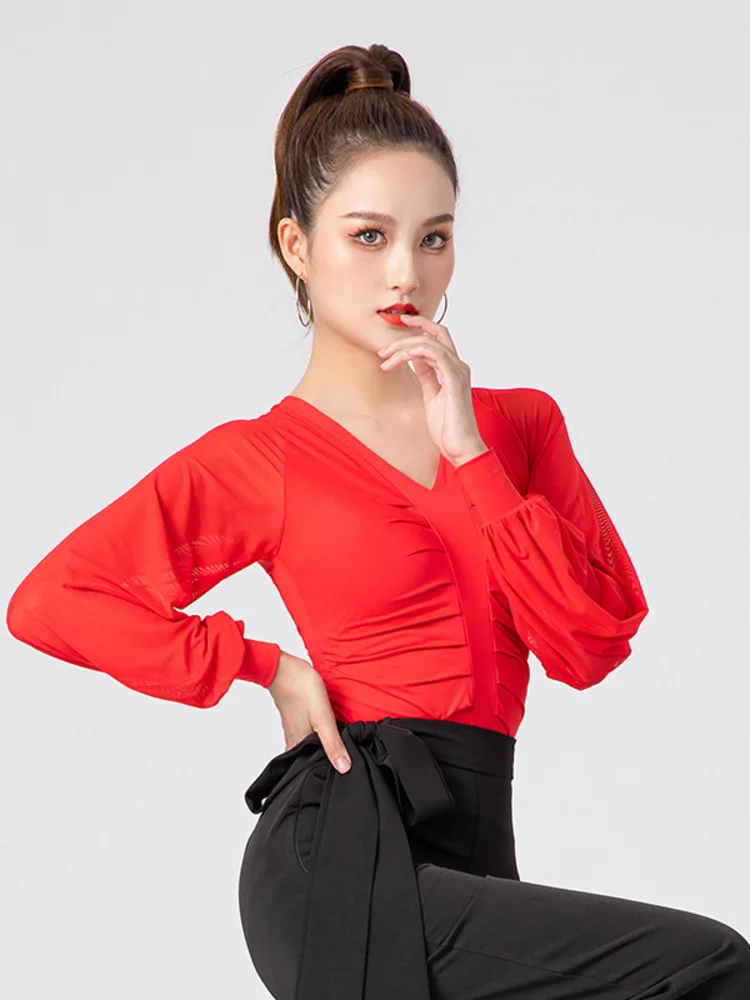 

Женский однотонный прозрачный сетчатый топ с рукавами-фонариками для танцев, современная одежда для выступлений, эластичная блузка с длинными рукавами