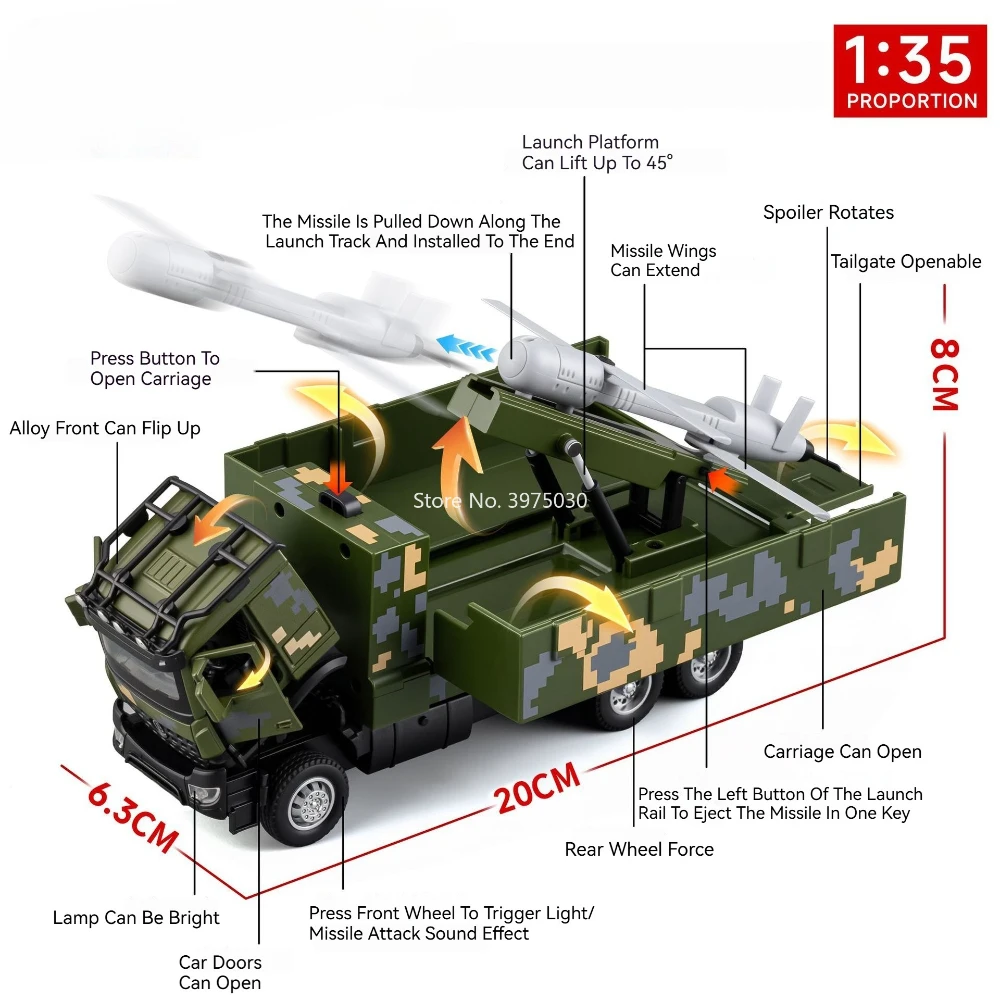 1:35 FL-10A coches de misiles militares modelos de juguetes aleación fundida con sonido ligero vehículos en miniatura modelo para niños regalos de colección