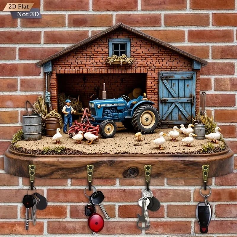 2D Flat. 1pc. Country Farm Tractor Key Hook - Wooden Multi-Functional Decorative Key Holder with Four Metal Hooks, Wall