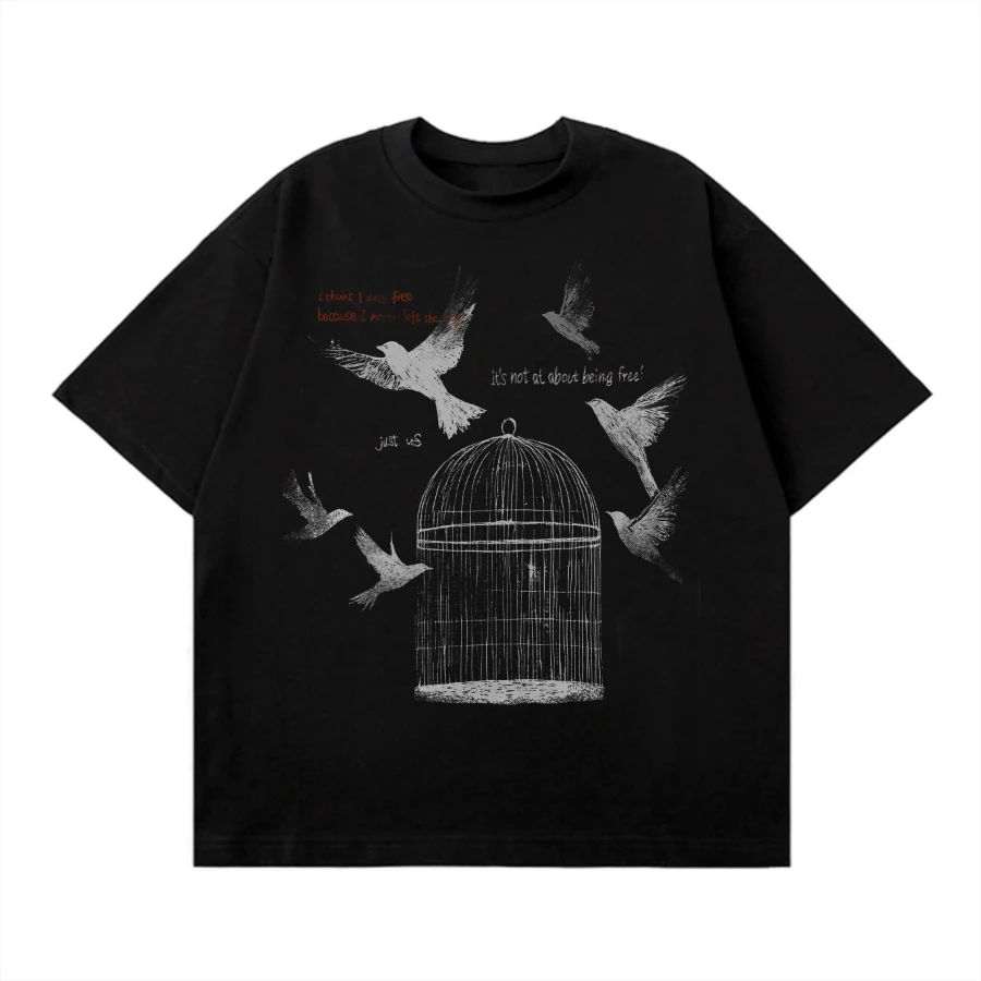 Original Design Digital Print Loose-fitting Couple T-shirt with Caged Pigeons - Short Sleeve Y2K European and American Style