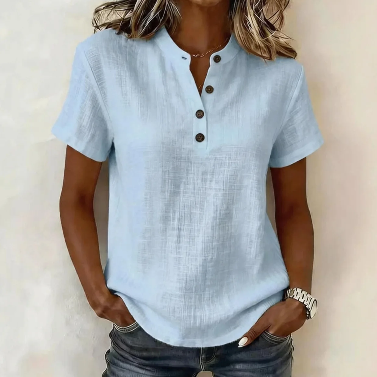 Women Mandarin Stand Collar Half Button Blouse Short Sleeve Loose Fit Casual Daily Ladies Tops