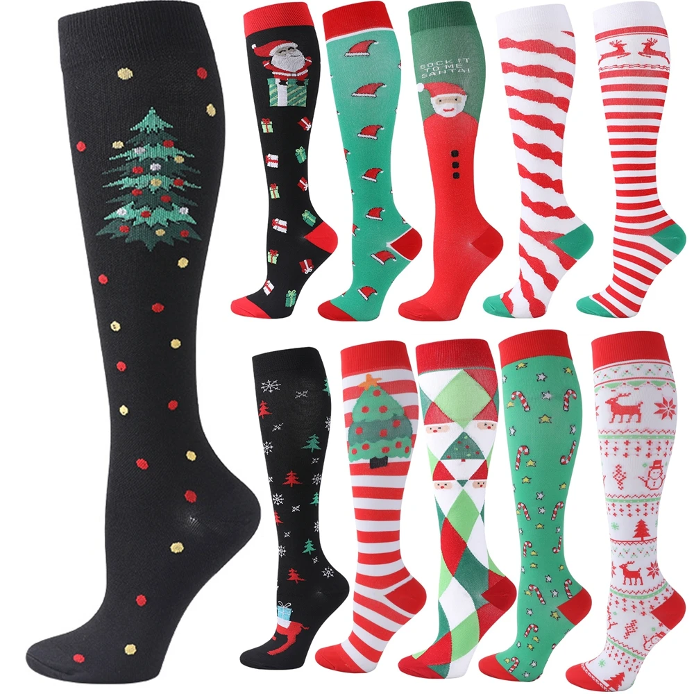 2 Pairs Christmas Compression Socks for Women Men Knee High Calf Athletic Socks Print Compression Socks Running Yoga Nurse