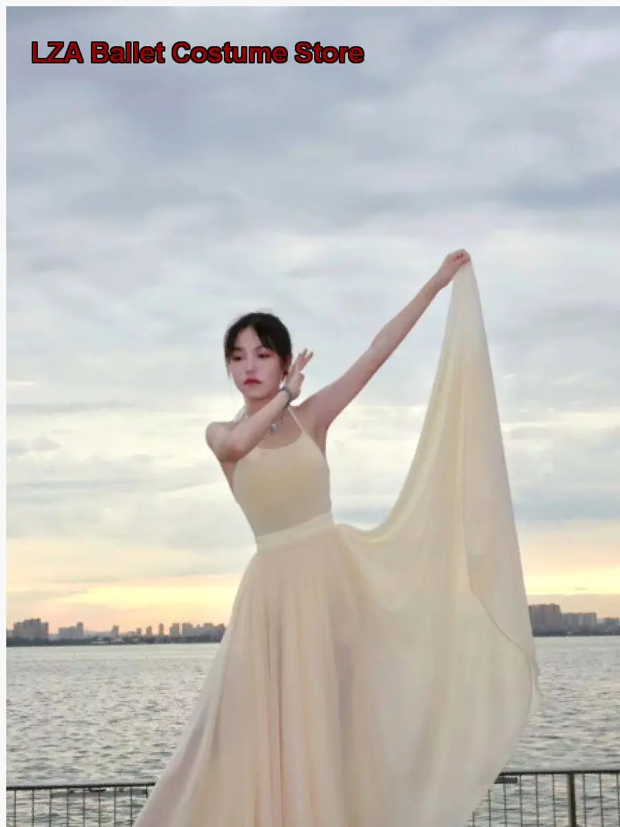 Women's Beige Spaghetti Strap Body Suit Gymnastics Leotard Student Dance Practice Leotard One-Piece Dance Dress Unitard Adult