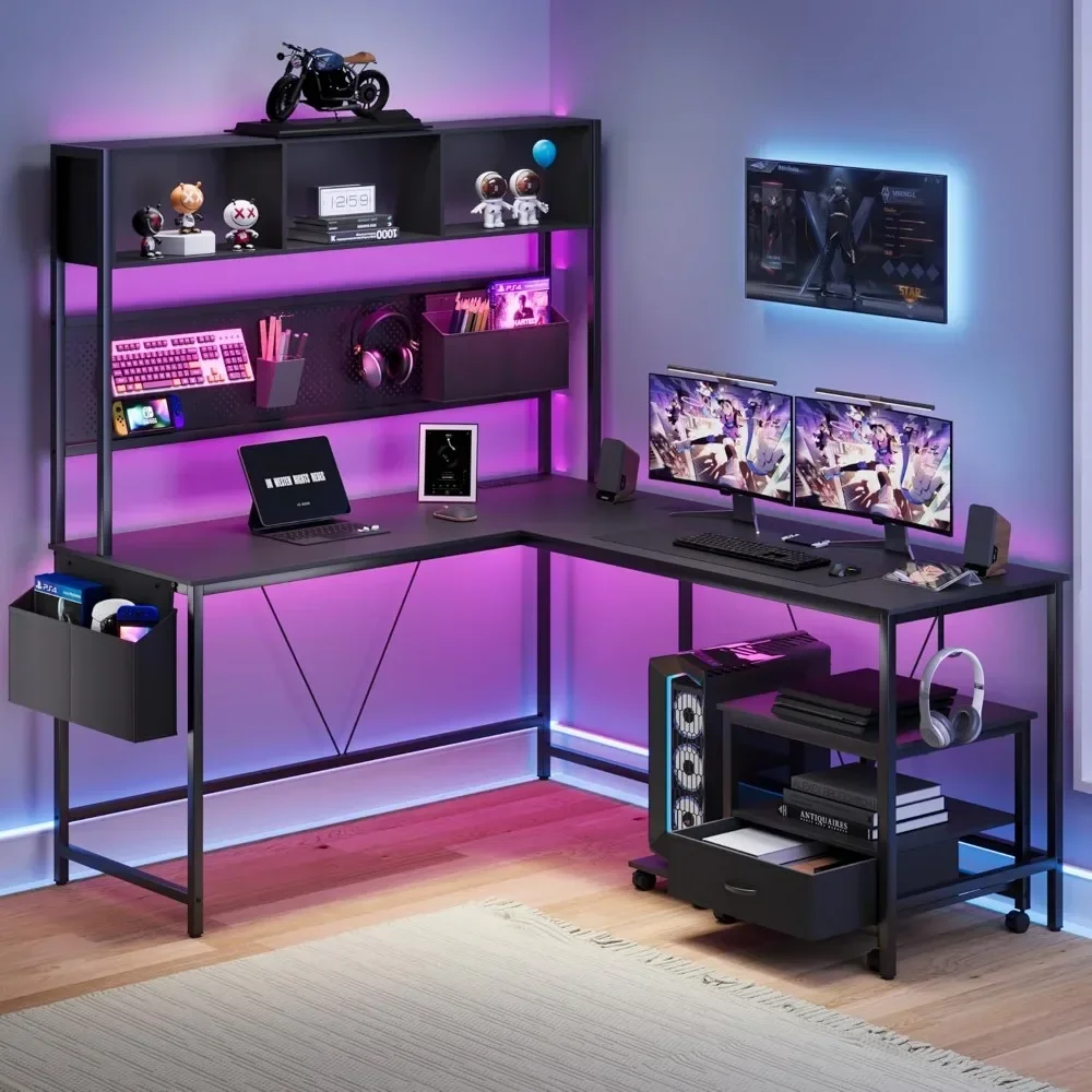 L Shaped Desk with Pegboard and Removable Filing Cabinet, Reversible 67” Computer Gaming Desk with Power Outlet and Led