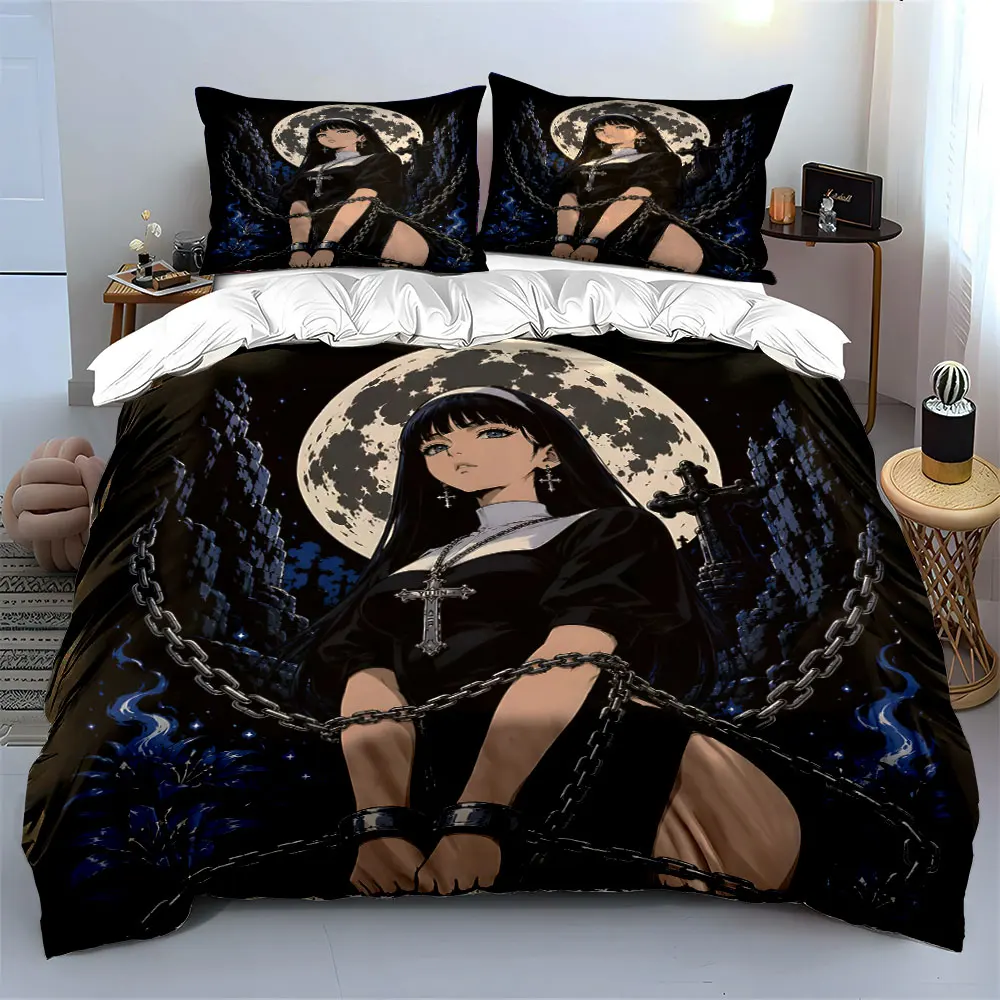 Nun in chains under a dark moonlit sky Print Bedding set 3PC 1 duvet cover 2 pillowcases adult and children bedding set