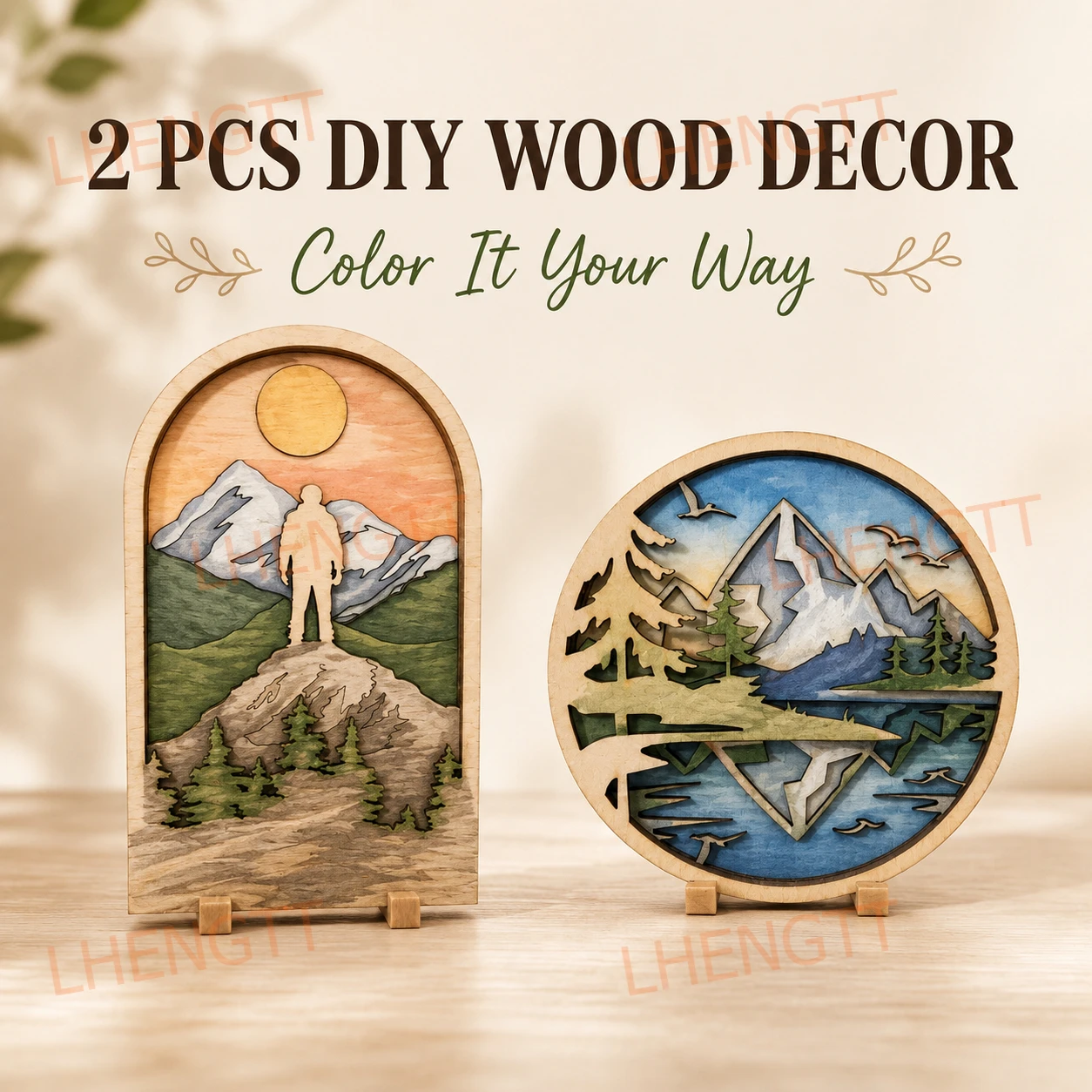 2PCS DIY Layered Wooden Scenic Art Set with Display Stands, Mountain & Forest Landscape Wood Decor, Desk and Home Decoration