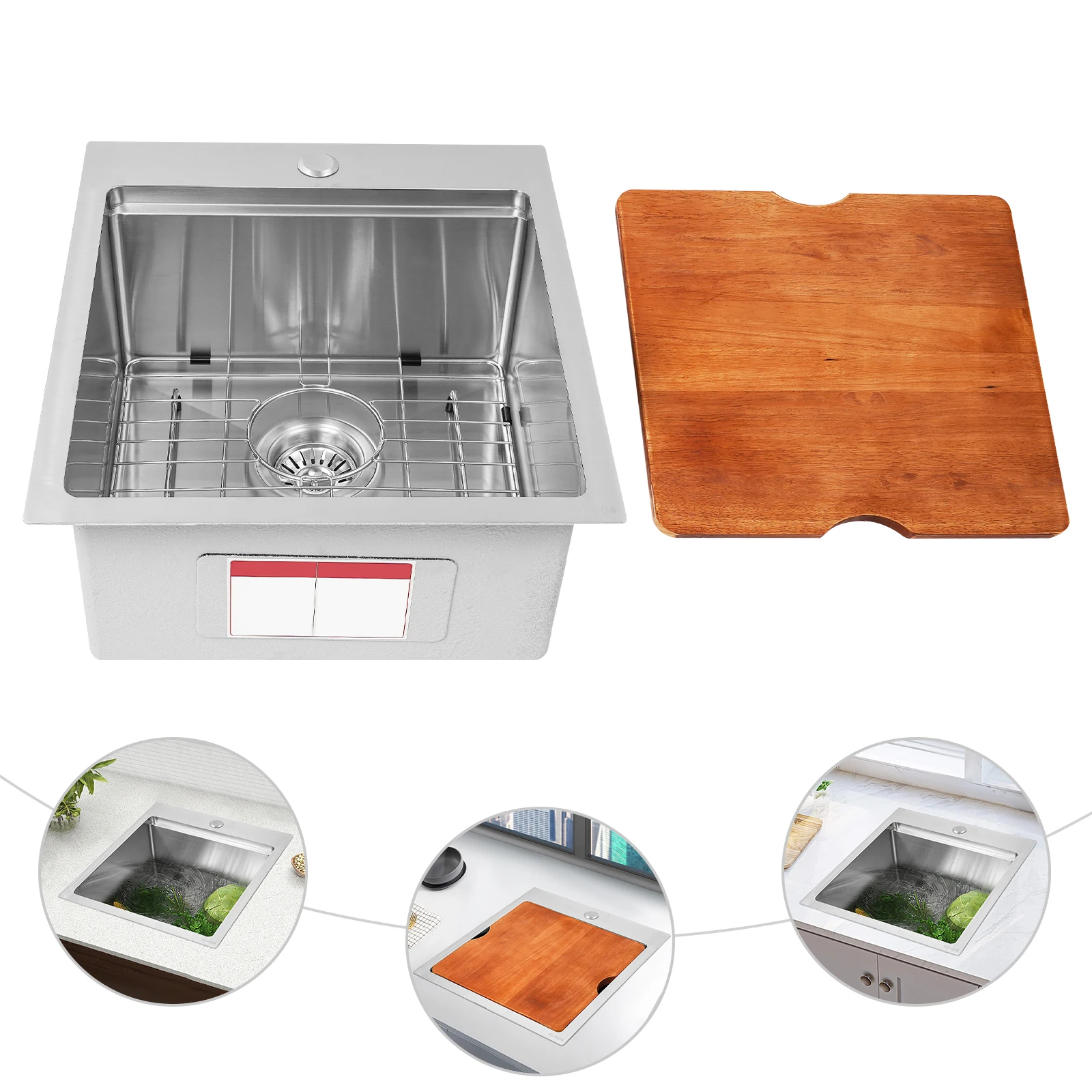 15 * 15 بوصة / 17 × 19 بوصة حوض من الفولاذ المقاوم للصدأ، حوض محطة عمل مستطيل فضي مع لوح تقطيع للمنازل والمطاعم #1