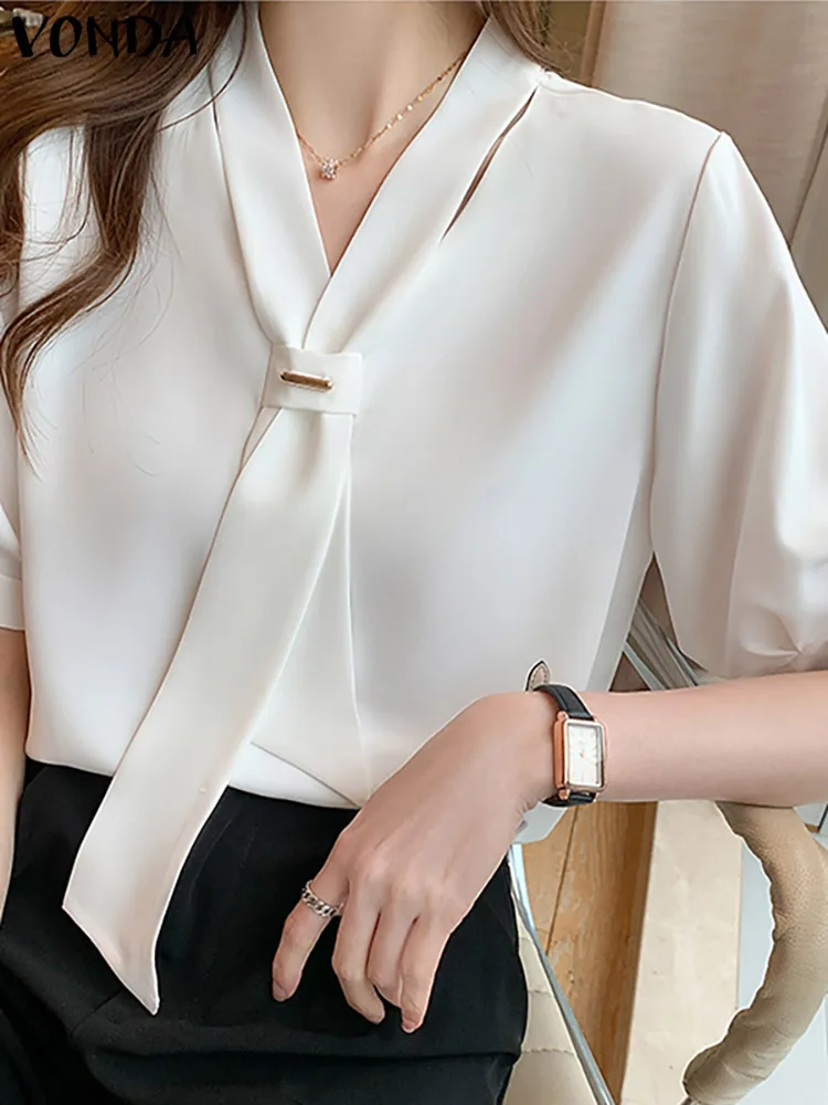 VONDA letnia bluzka damska topy 2025 Casual szyfonowe koszule z krótkim rękawem luźna jednokolorowa tunika Blusas Femininas