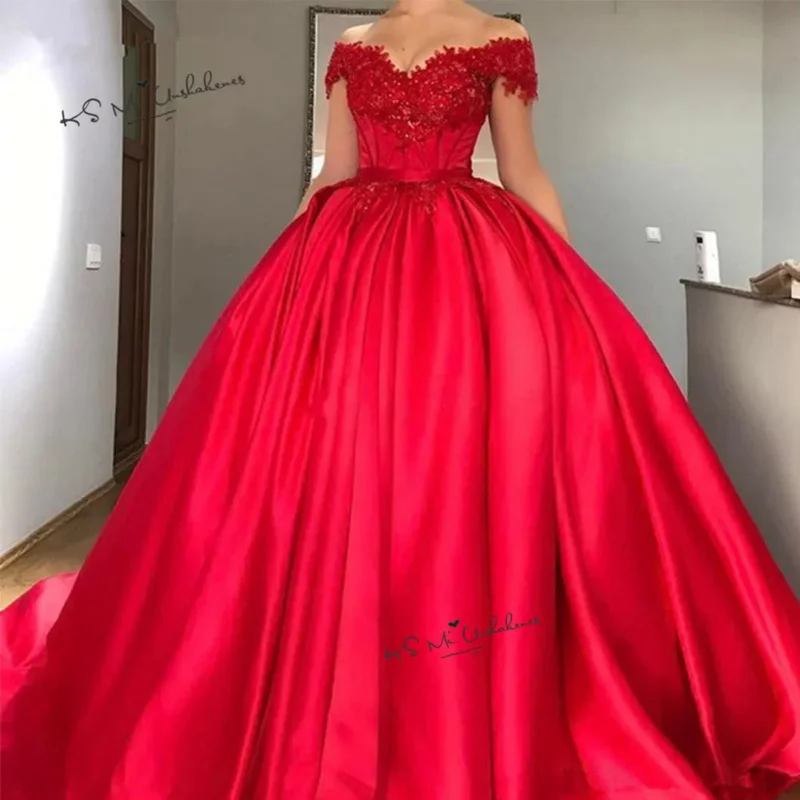 Vestido de Noiva Princesa Red Wedding Dress Plus Size Lace Bridal Dresses 2020 Cheap Wedding Gowns off Shoulder Satin Custom