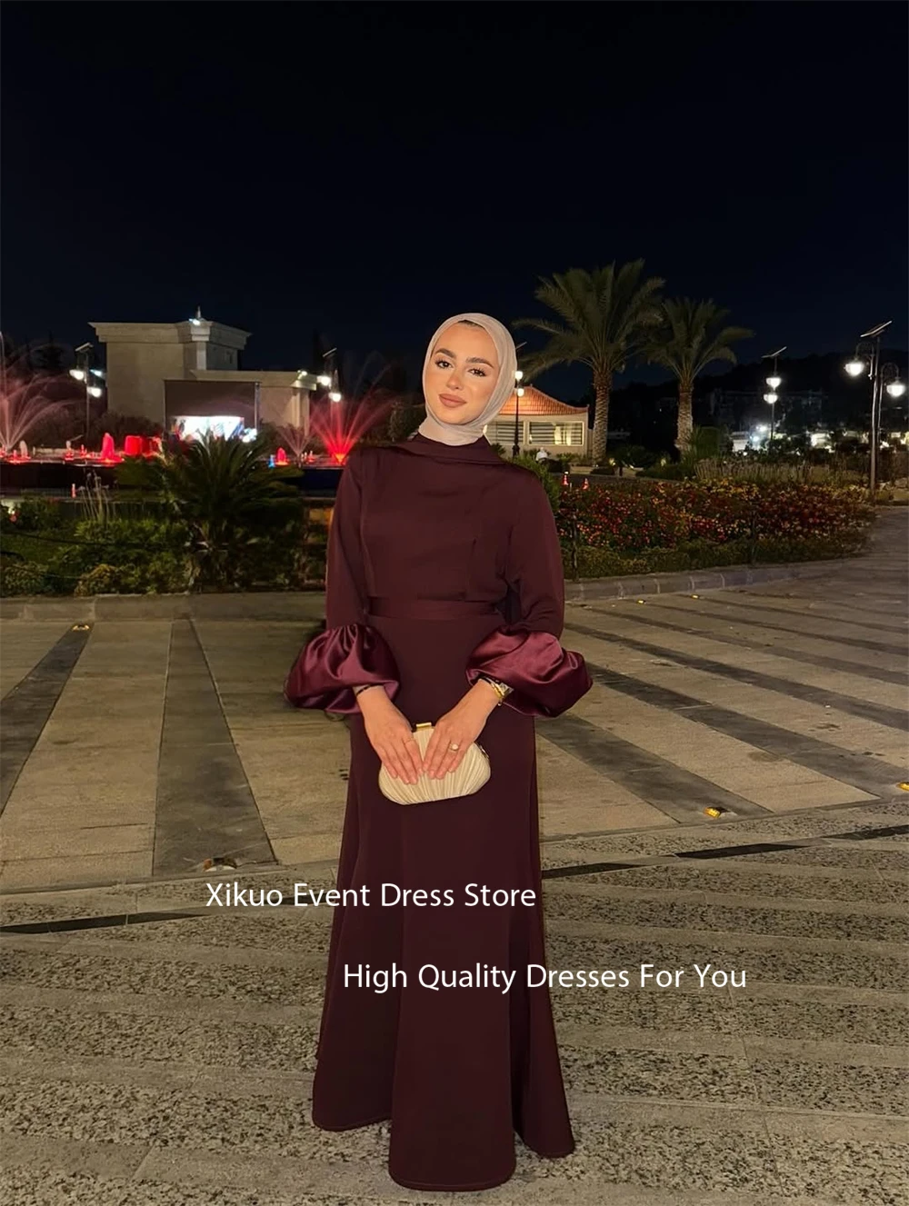 فستان سهرة Xikuo باللون العنابي بأكمام منتفخة حورية البحر فيستدوس دي فييستا أنيق من الساتان فستان كوكتيل متواضع للمشاهير حسب الطلب