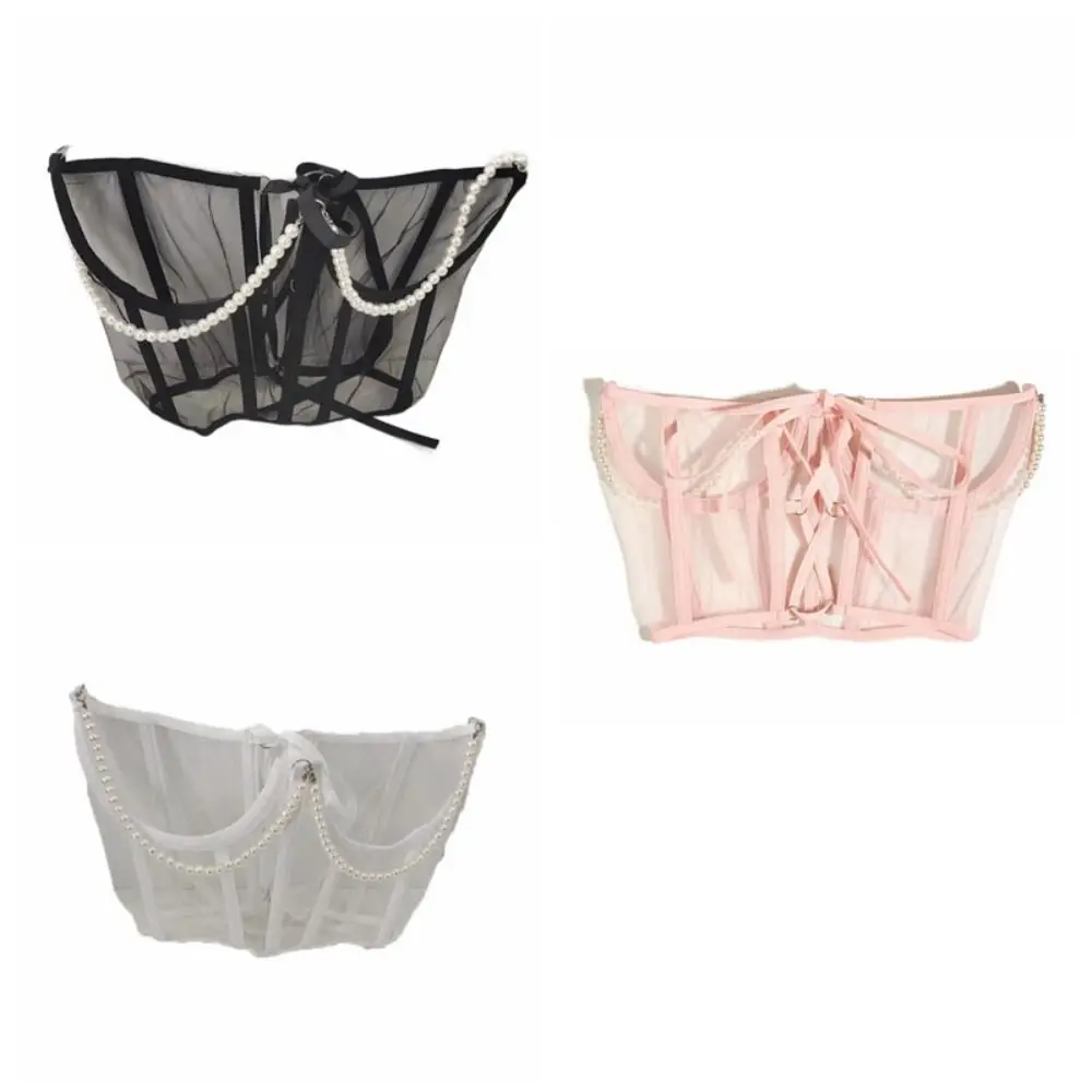Bustini di fascia da smoking in rete con catena di perle di lusso legati a vita alta con cinturino in vita femminile trasparente con cintura larga da donna