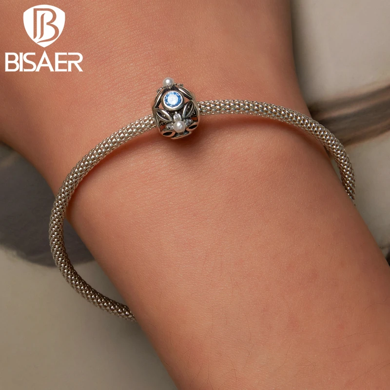 BISAER 925 Sterling Silver Bizarre Eye Charm Hand of Fatima Pendant  Pattern Blue Zircon Bead Fit Diy Bracelet Necklace Jewelry image 4