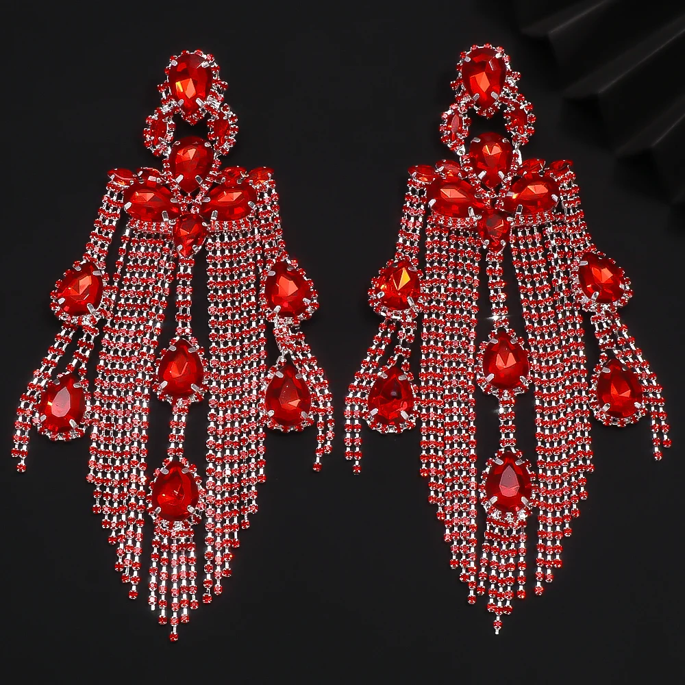 Stonefans Red Tassel Earrings Long Dangle Sparkly Elegant for Women Bohemian Exaggerated Jewelry Luxury Crystal Accessories Gift
