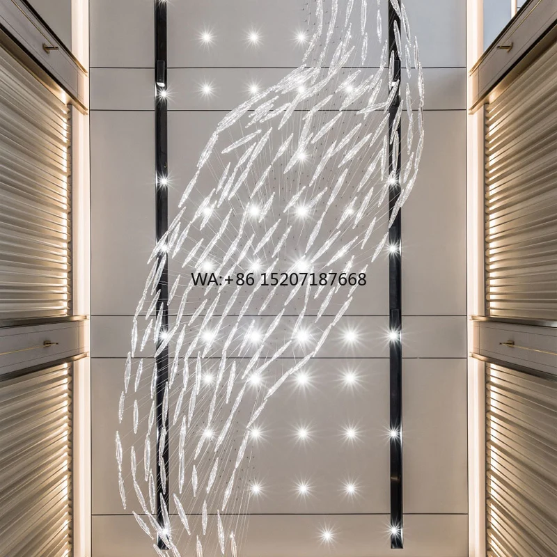 Luxury Custom LED Chandelier Lights New Design White Glass Lamp Home Ceiling 3D Printed Crystal Hotel Exhibition Long Staircase