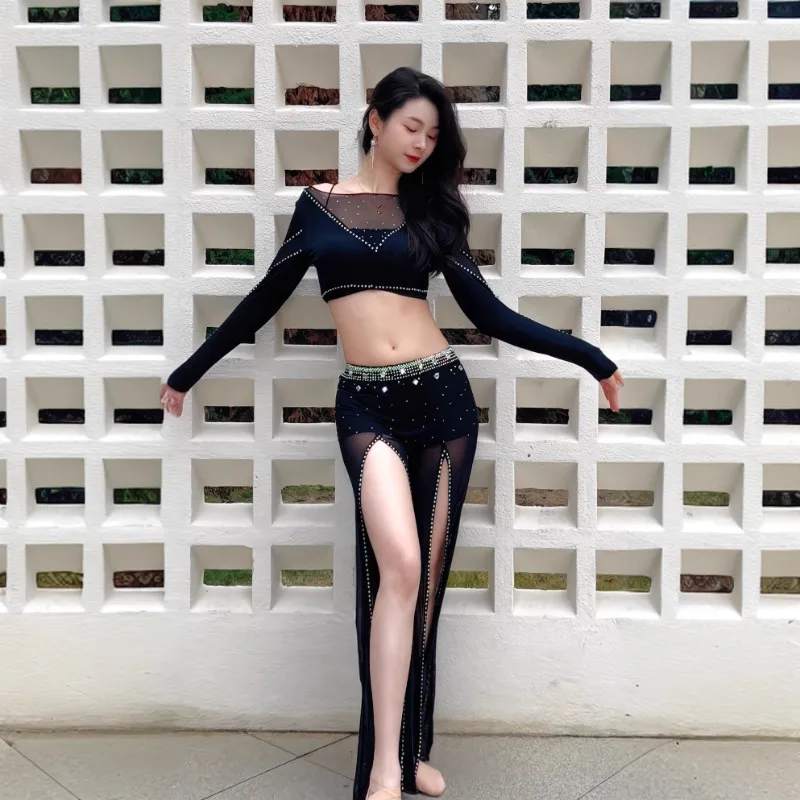 ที่กําหนดเองเครื่องแต่งกายBellydanceหรูหราลึกV-ตาข่ายเจาะร้อนแยกอุตสาหกรรมหนักกางเกงOriental Dance Performance Dress