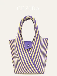 CEZIRA Casual Knitting Polyester Handbags Fashionable Contrast Color Ctripes Purse Women Top-handle Bucket Bags Daily Travel