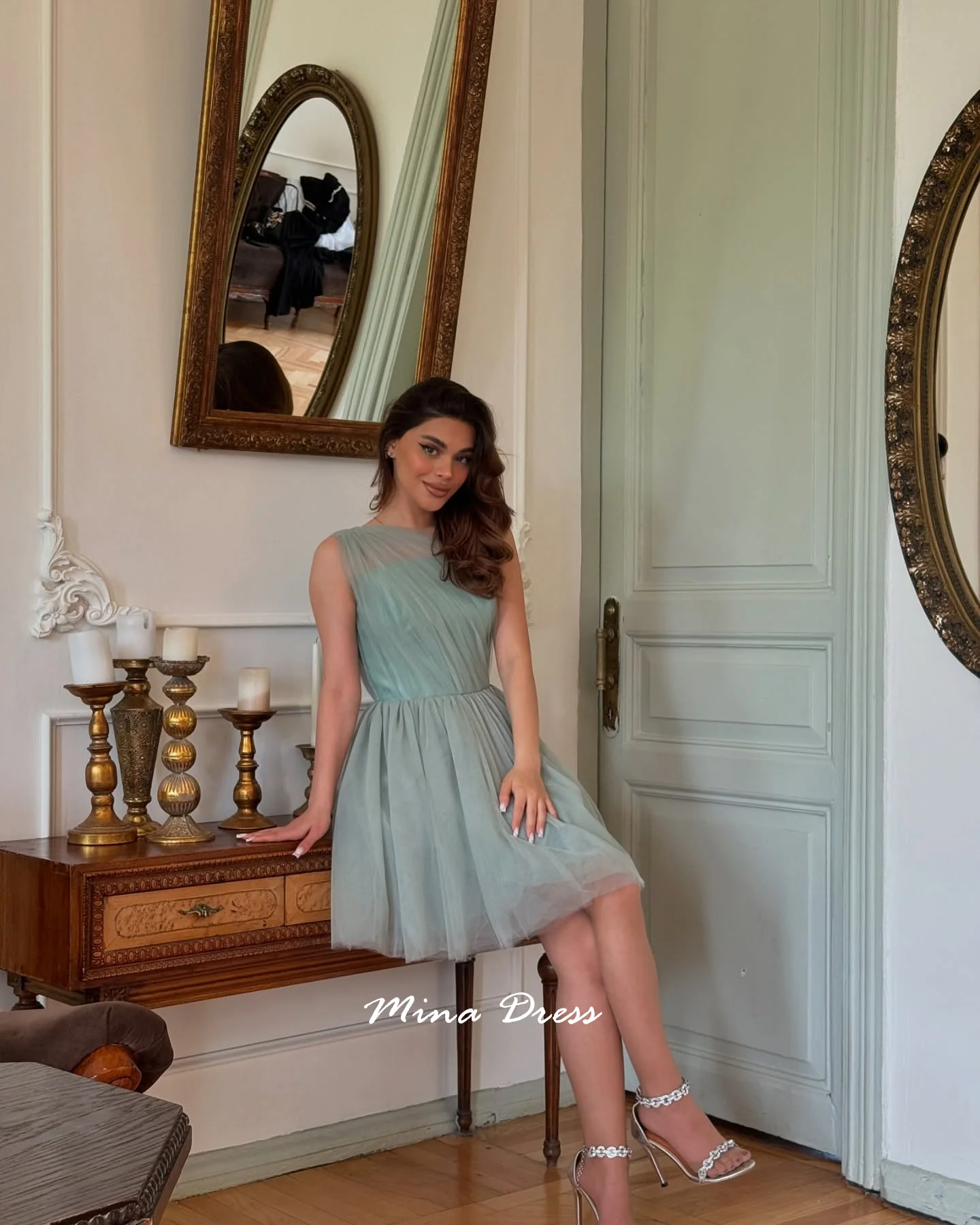 Mina Aangepaste schuine avondjurken Luxe jurk voor bruiloftsgasten Mini mouwloze formele jurken voor speciale gelegenheden Prom