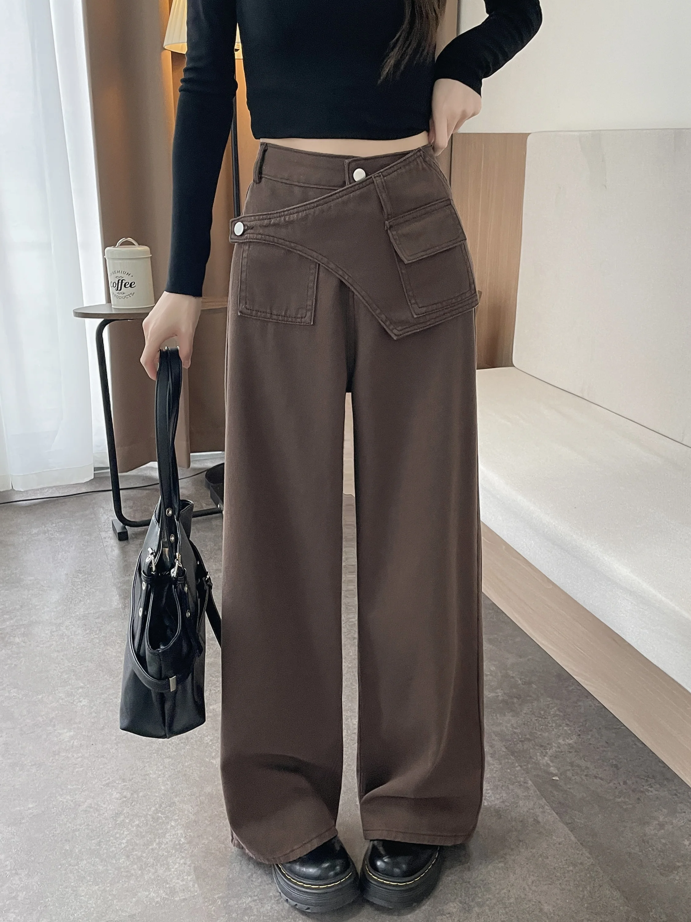 กางเกงยีนส์เดนิมผู้หญิง รุ่นใหม่สำหรับฤดูหนาว ทรงหลวม ขากว้าง ชายไม่เท่ากัน ยาวคลุมเท้า สไตล์ลำลอง