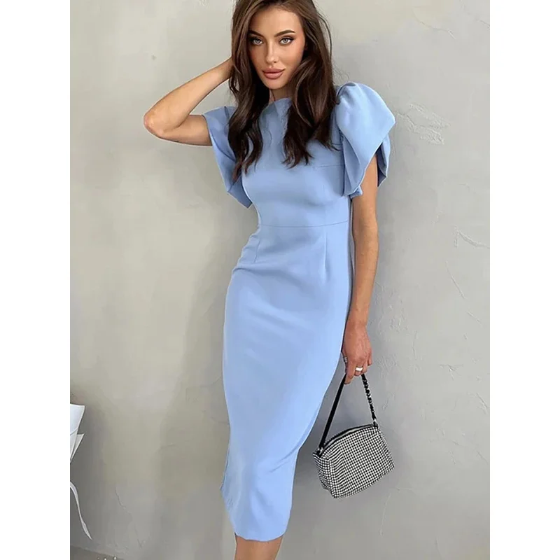 s8s9 أنيقة Bodycon فساتين متوسطة الطول للنساء الصيف عادية كشكش كم شق فستان مكتب موضة شيك الأزرق جديد في D ❤ 2025 ☆