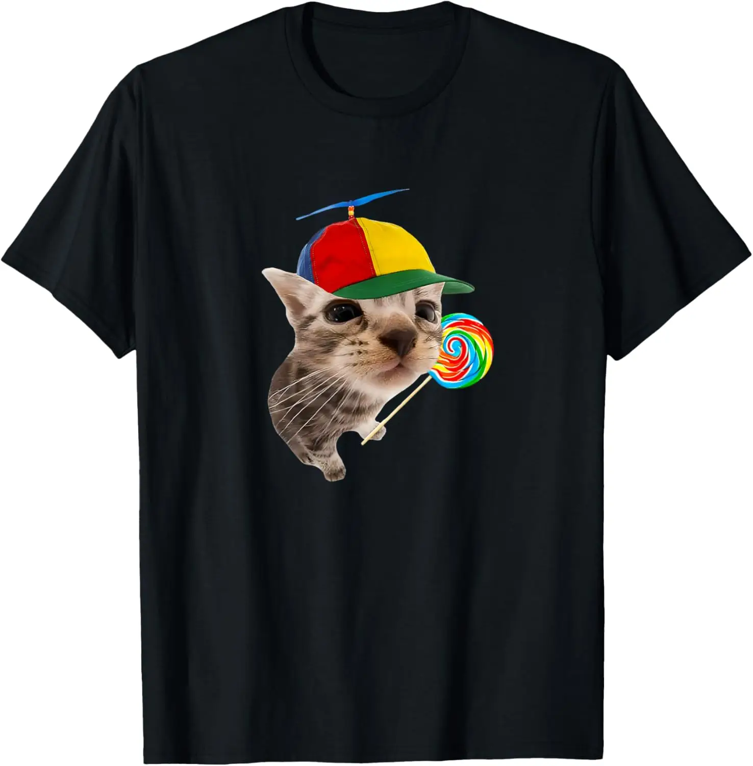 

Silly Cat with Lollipop Meme T-Shirt, 100% Cotton Regular Fit Short Sleeve Round Neck Casual Top for Adults, All-Season