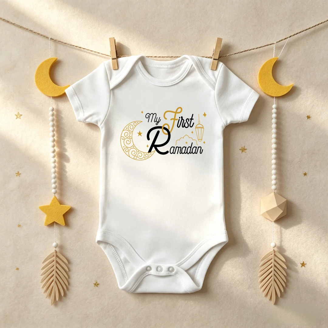 My First Ramadan Baby Bodysuit Newborn Short Sleeve Onesie Muslim Crescent Star Print Infant Romper Ramadan Mubarak Baby Outfit