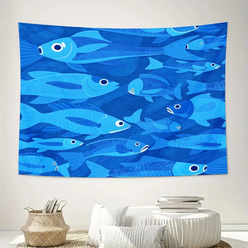 Nautical Fish Ocean Pattern Tapestry Blue Underwater Aquarium Wall Hanging Decor Print Art Home Decor Accent Textile Decoration