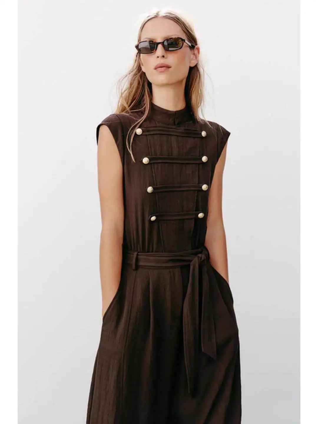Casual Summer Fashion Knot Decorated Belt Waist Tie One-Piece Pants Sleeveless Stand Collar Ladies Polyester Fiber Natural Waist