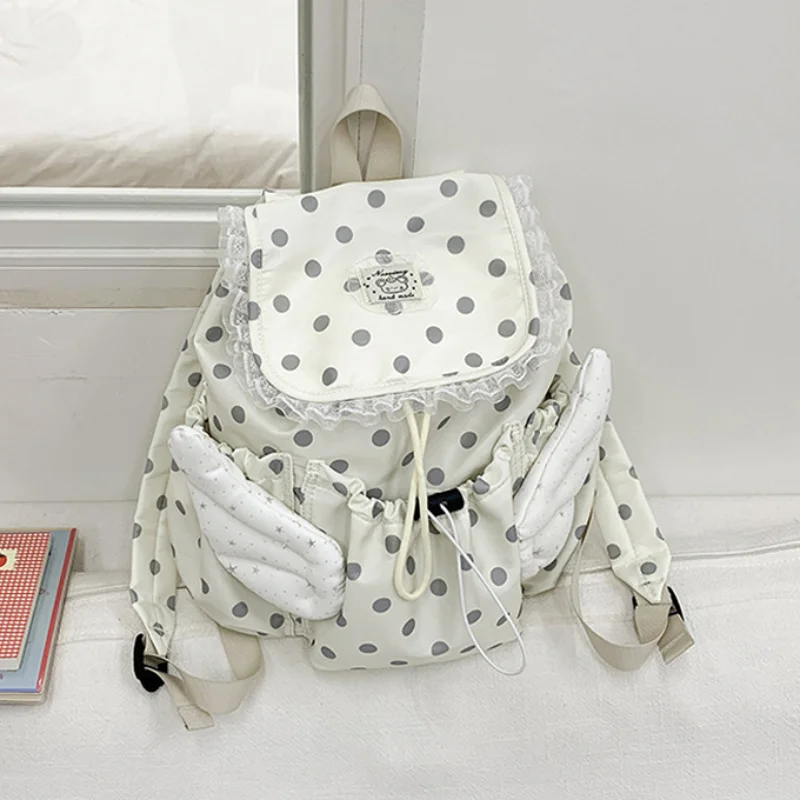 Angel Wings Polka Dot Studenten-Rucksack mit Kordelzug, koreanische süße süße Schultasche aus Nylon, leichte, lässige, geräumige Reisetasche – Detail 19