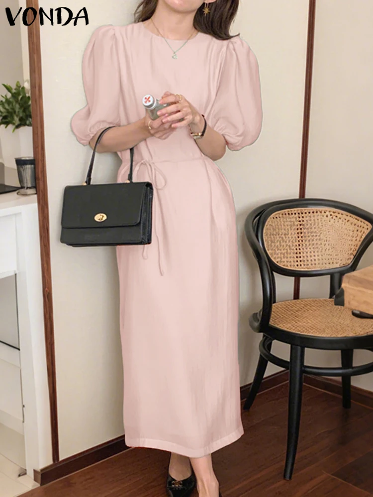 Vonda verão elegante camisa longa vestidos femininos manga puff sólido maxi vestidos 2025 moda casual com cinto bandagem festa robe