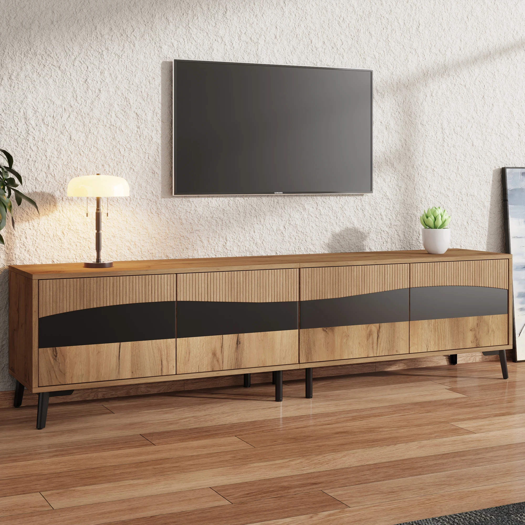 Meuble TV 180*40*50cm, couleur bois + meuble TV à épissure noire, meuble TV avec 4 armoires, meuble de salon avec 8 pieds de support