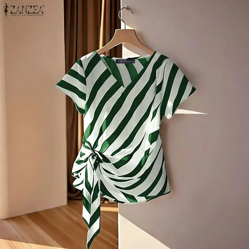 ZANZEA 우아한 여성 섹시한 브이넥 블라우스 반소매 스트라이프 셔츠 여름 밴디지 레이스업 캐주얼 OL 탑 러플 소매 블라우스