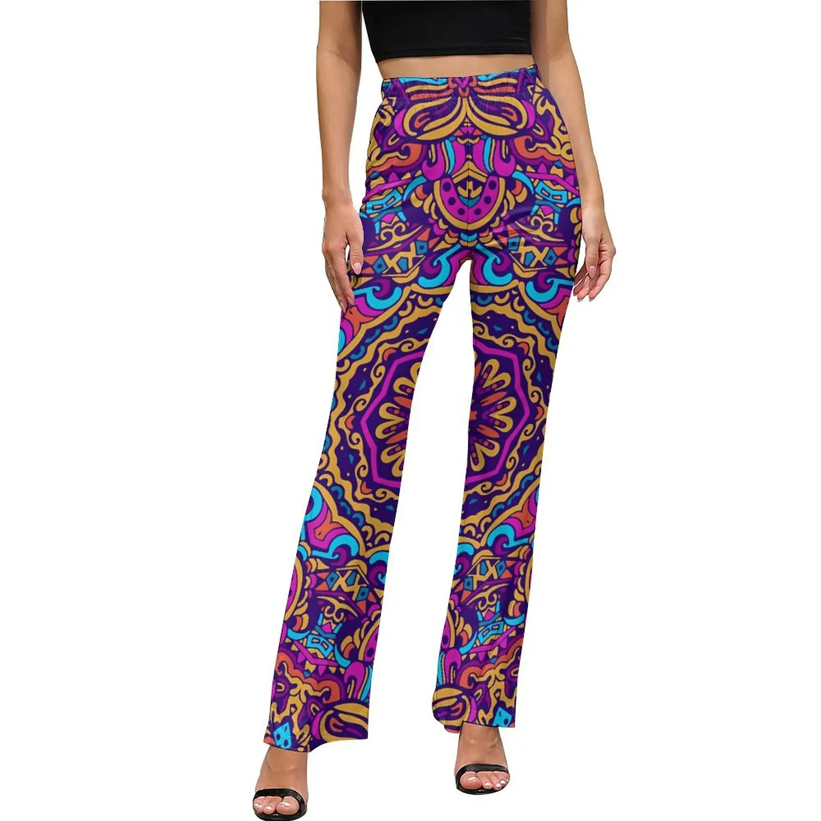 

Vintage Ethnic Casual Pants Autumn Colorful Tribal Night Club Graphic Flare Trousers High Waist Slim Stretch Street Wear Pants