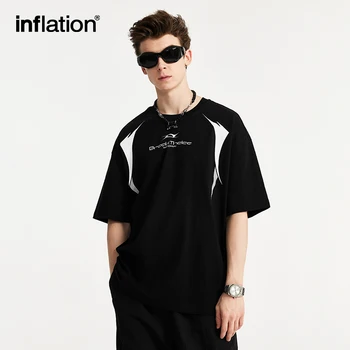 INFLATION 남성용 그래픽 프린트 드롭 숄더 티셔츠, 100% 코튼 오버사이즈 티셔츠, 스트리트웨어, 여름