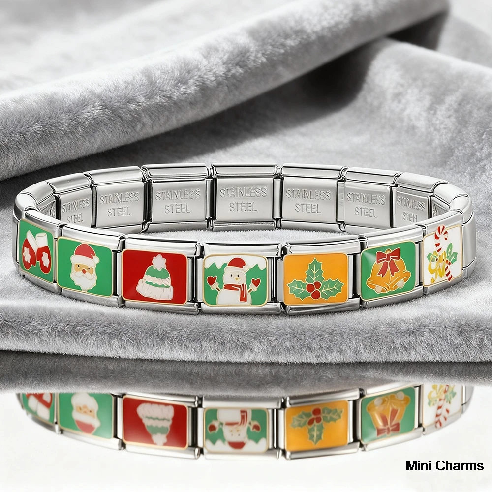 Klassischer elastischer Charm aus Edelstahl, italienischer Schmuck, passend für 9mm, trendige Weihnachts- und Festivalserie, bunte Armbandherstellung DIY – Detail 2