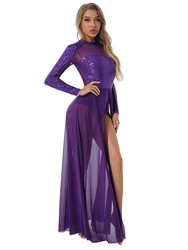 Womens Lyrical Prom Ballet Dress Sparkling Sequins Modern Dancewear Long Sleeve See-through Mesh Patchwork Leotard Dance Costume