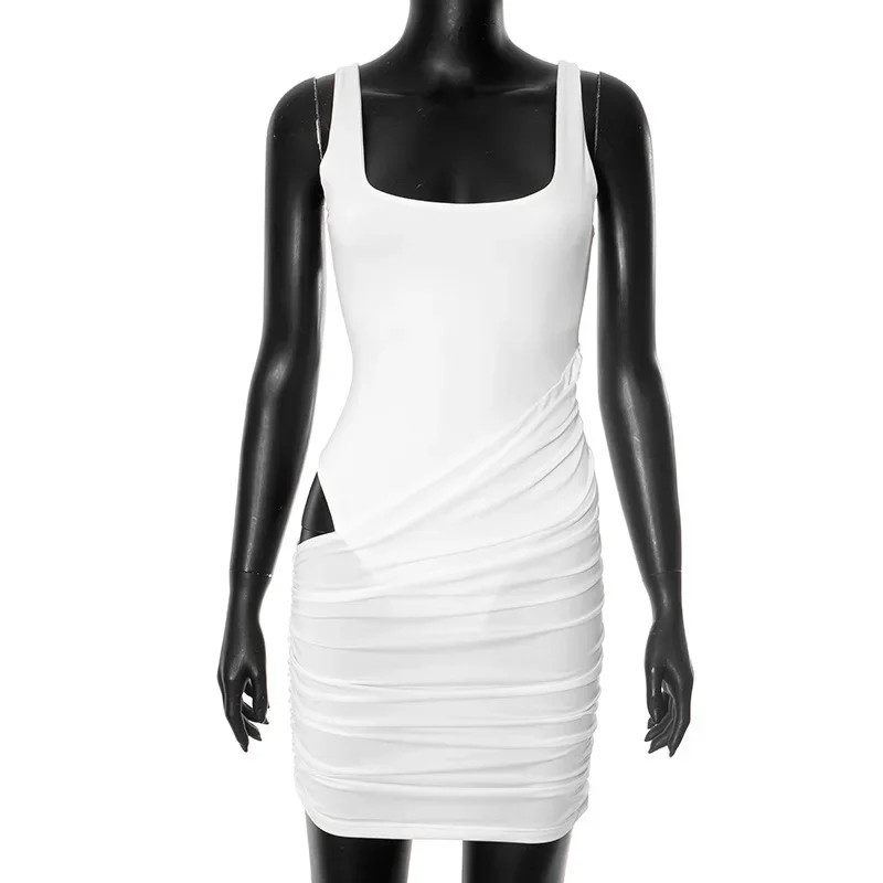 ผู้หญิงถังบอดี้สูท Patchwork Ruched Bodycon ชุดมินิเซ็กซี่ U คอแขนกุด Backless Hollow Slim Casual Streetwear