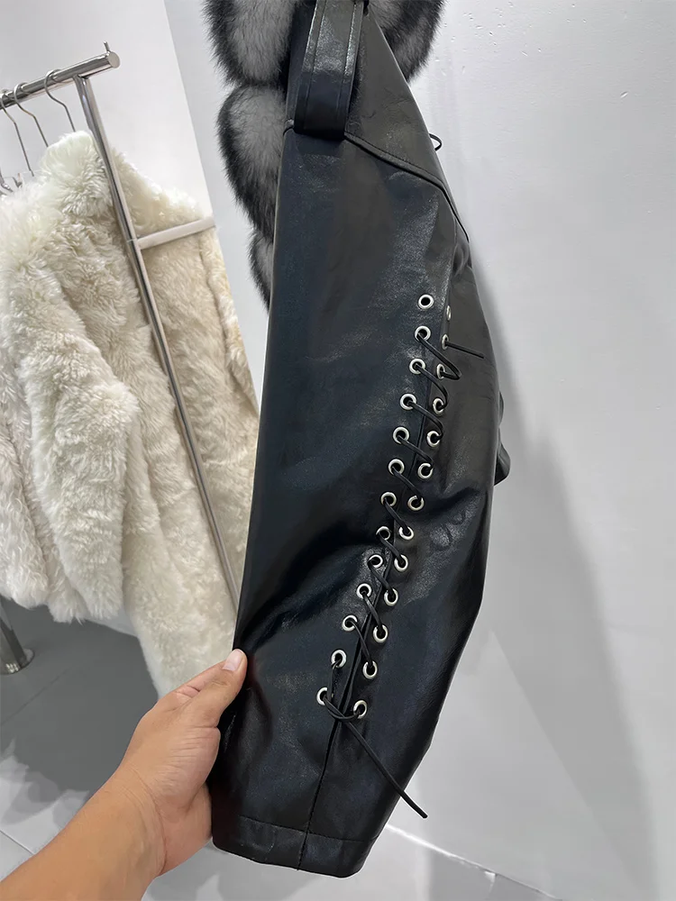 Cappotto con collo in pelliccia di volpe naturale di nuova moda Giacca da donna in vera pelle di montone Giacca da motociclista di lusso calda Cappotti femminili