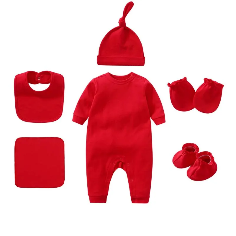 6 Pcs/Lot Unisex Newborn Bodysuits+Hat+Bib+Gloves+Towel+Foot Sleeve Solid Color Clothing Sets Cotton Baby Boy Girl Clothes