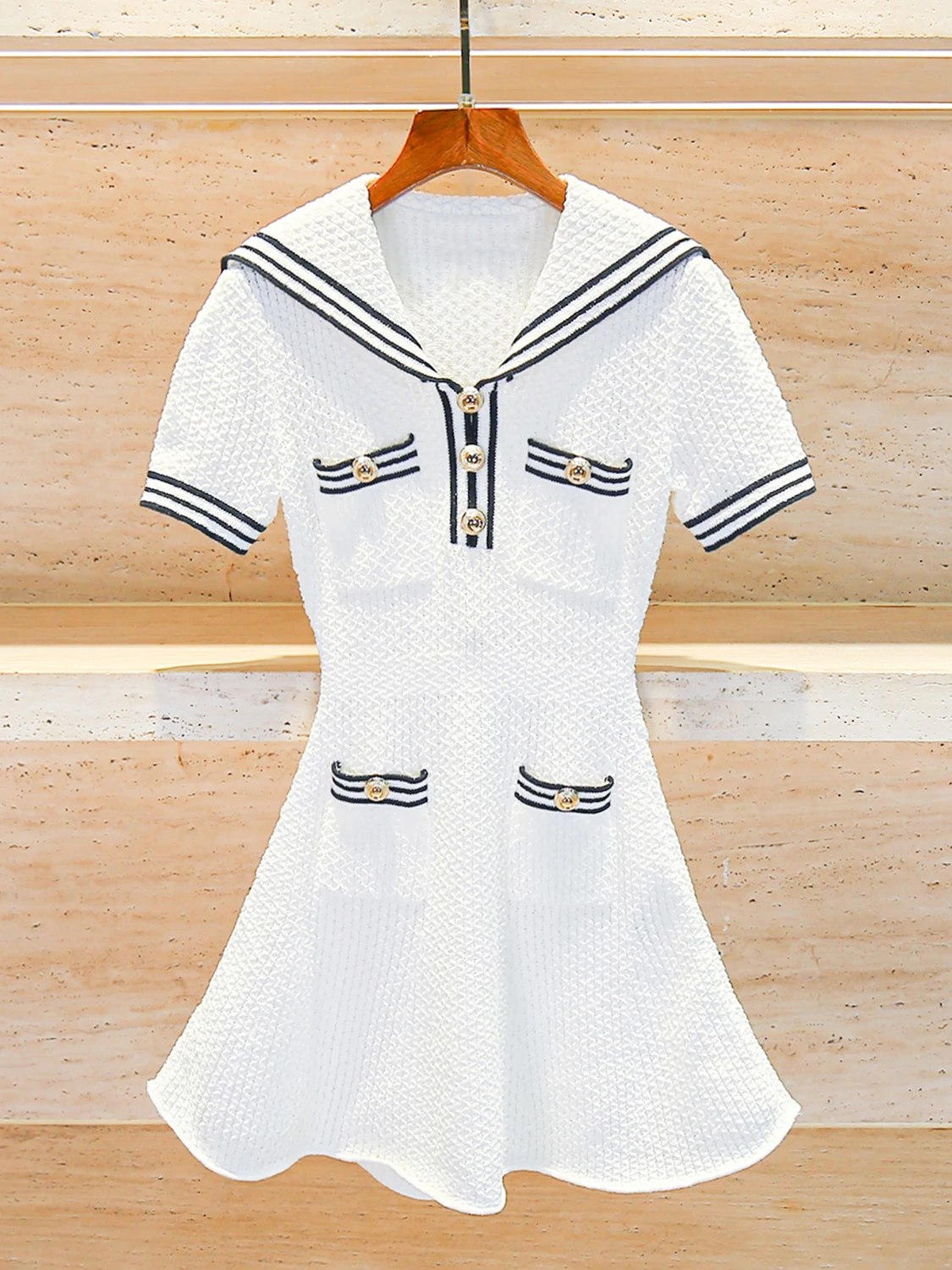 

Sweet Gentle Summer Knitted Fi Tail Dr Navy Collar Striped Women's High Waist A-Line Dr Comfortable Medium Thin