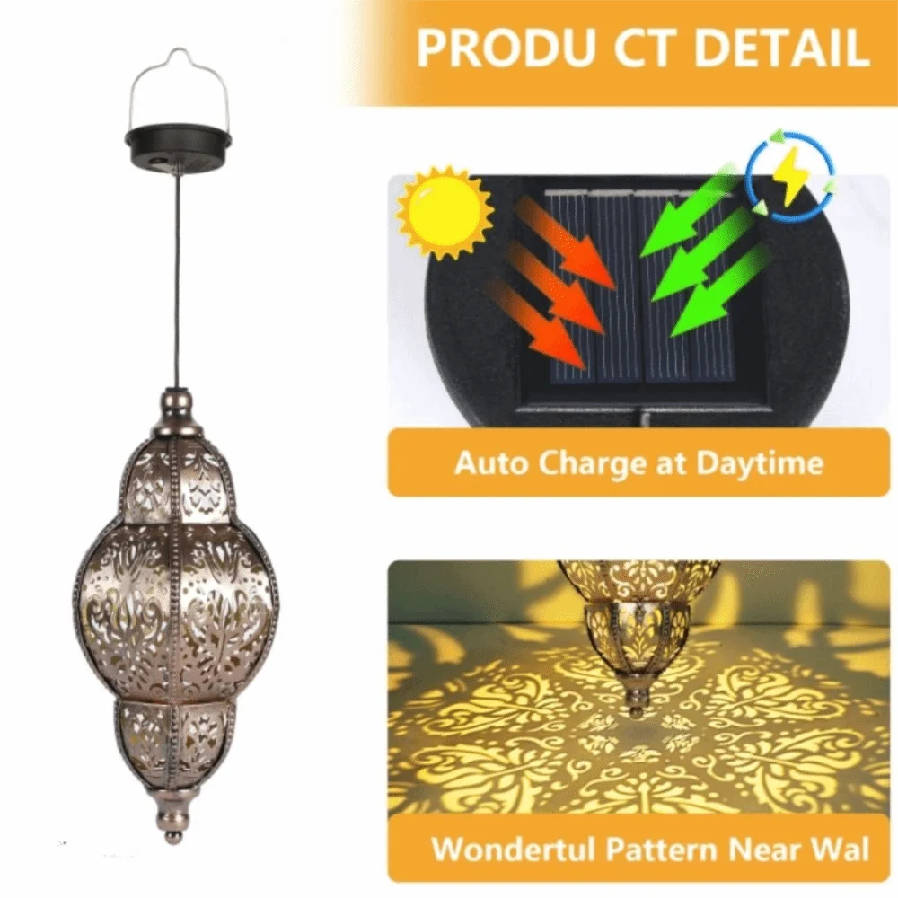 

Солнечный фонарь на солнечной энергии, водонепроницаемый, с литиевой батареей, марокканский фонарь с крючком, из кованого железа, для садового декора