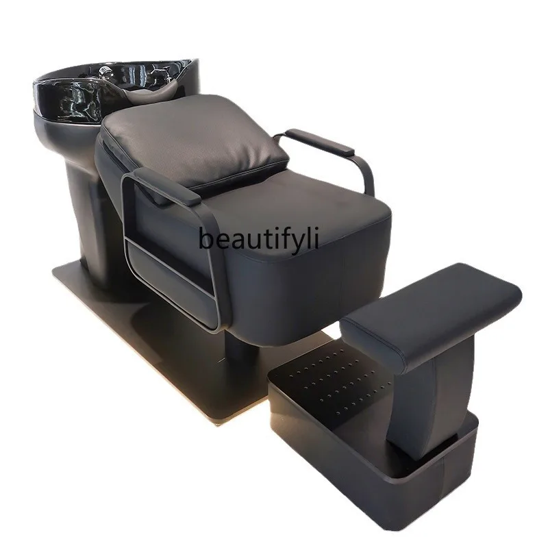 High-End Barber Shop Shampoo Chair Lying Half Hair Salon Ceramic Deep Basin Flushing Bed Hair Salon with Water Heater