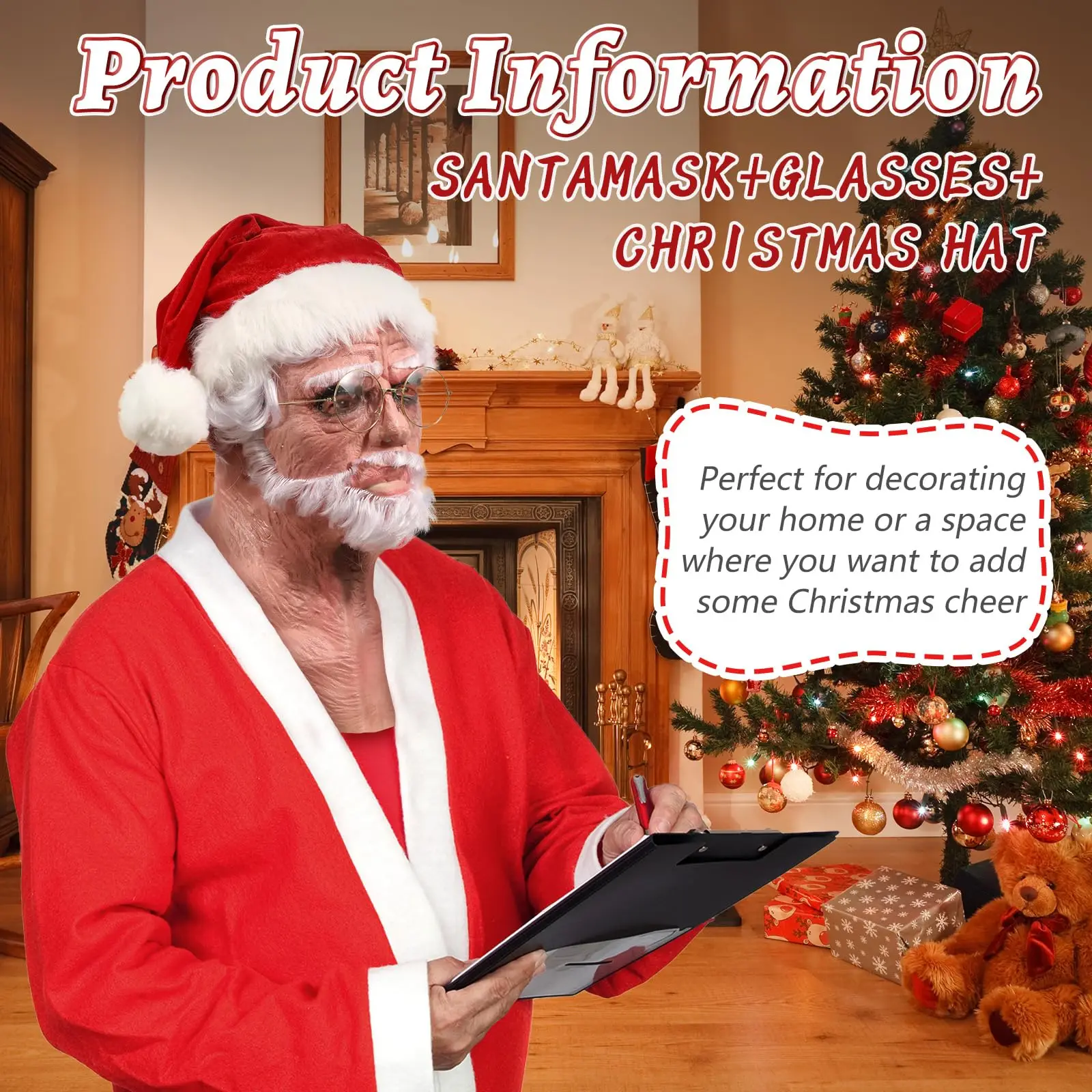 3PCS Realistic Santa Claus Mask Christmas Hat Glasses Old Man Beard Full Head Latex Costume Props Adult Men Cosplay For Xmas