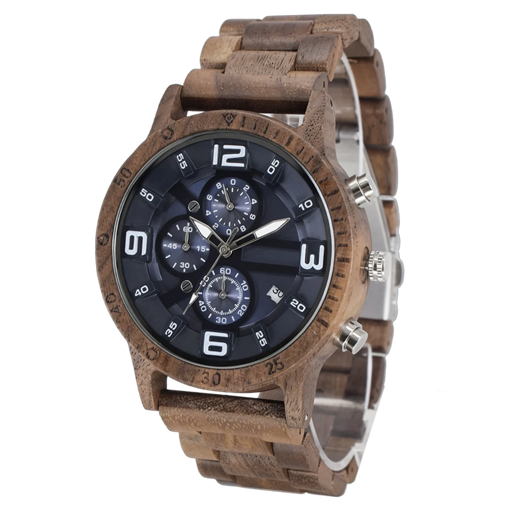 Wooden Business Multifunction Quartz Wristwatch with Analog Calendar Round Folding Clasp for Men Watch