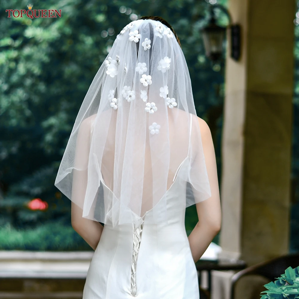 TOPQUEEN V46 3D Flowers Wedding Veil One Layer Bridal Veil with Comb Crystal Beaded Short Veil Communion Wreath for Girls