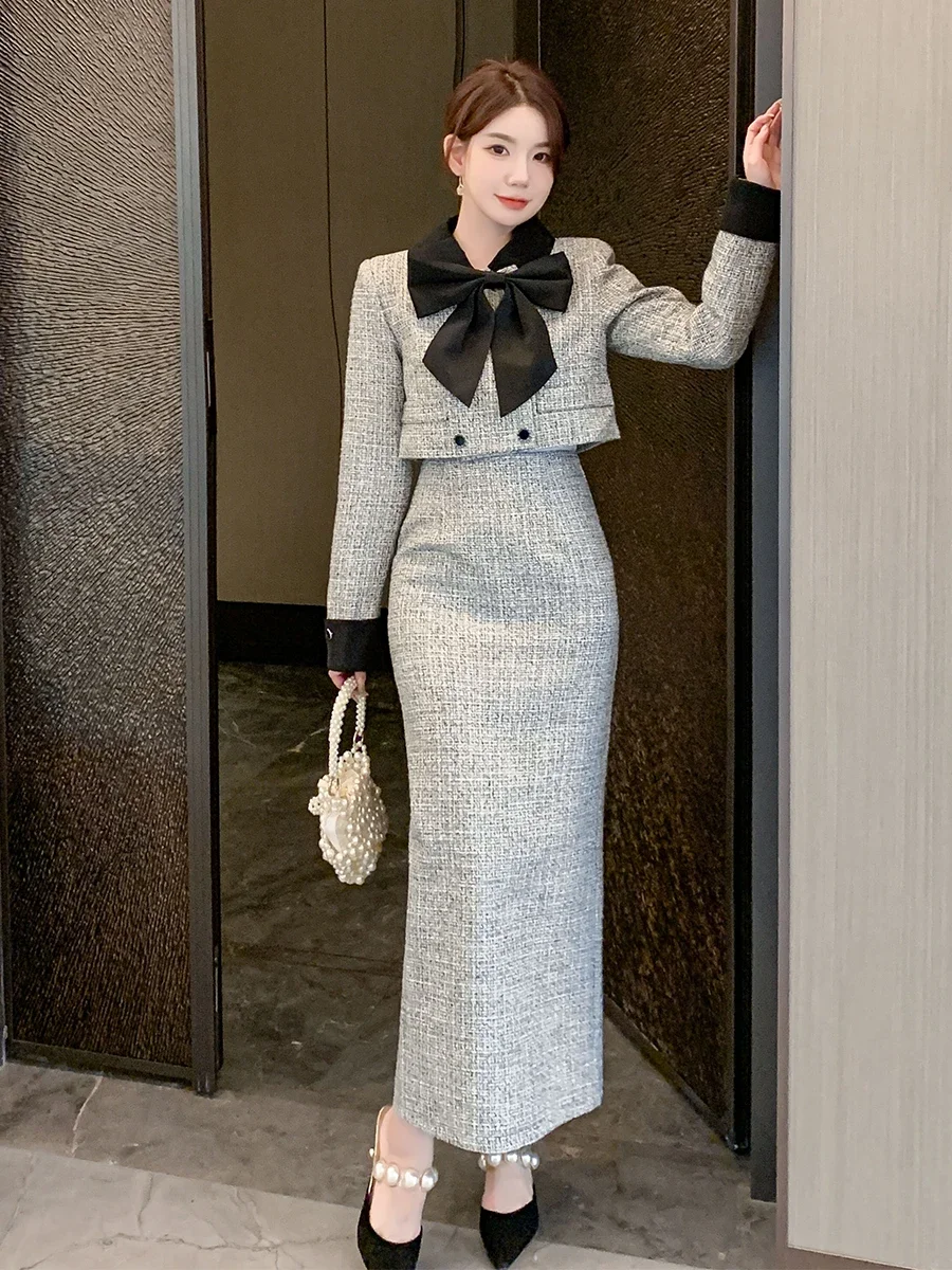 In Stock: 2024 Spring New French-style Elegant Suit Set for Women Female Office Lady, Bow Top + Slit Skirt Two-piece Set Trendy