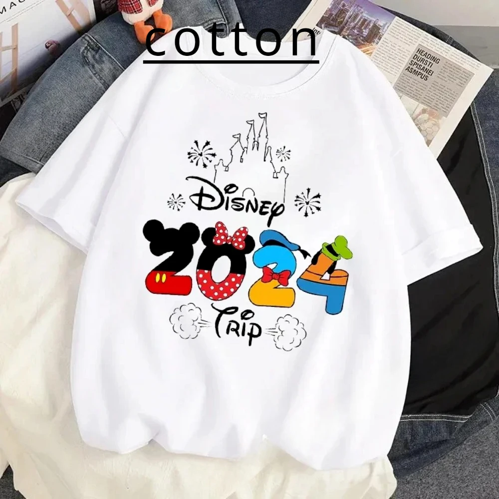 2024 rodzinna wycieczka Disney Cartoon dziecko bawełniana koszulka na wakacje letnie codzienne koszulki z okrągłym dekoltem dla dzieci